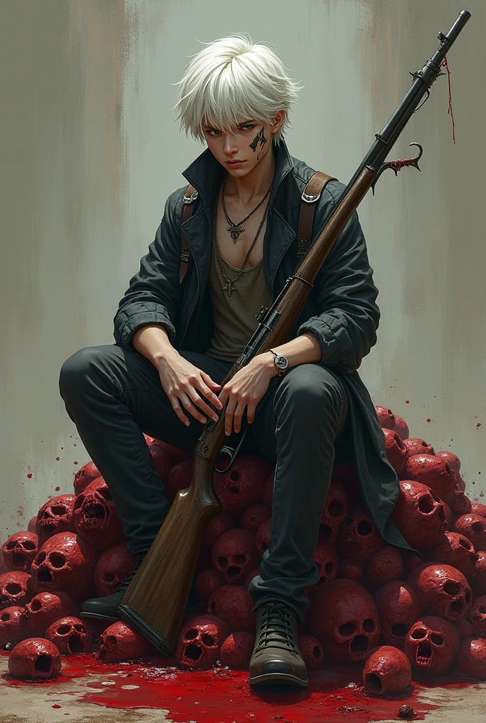 draws a young man with a tone of white hair combed back subtly, sitting on a pile of bleeding corpses holding a rifle, steampunk style, the boy has a scar on the right side of his face, a tiger's claw (make it noticeable the scar on the face)