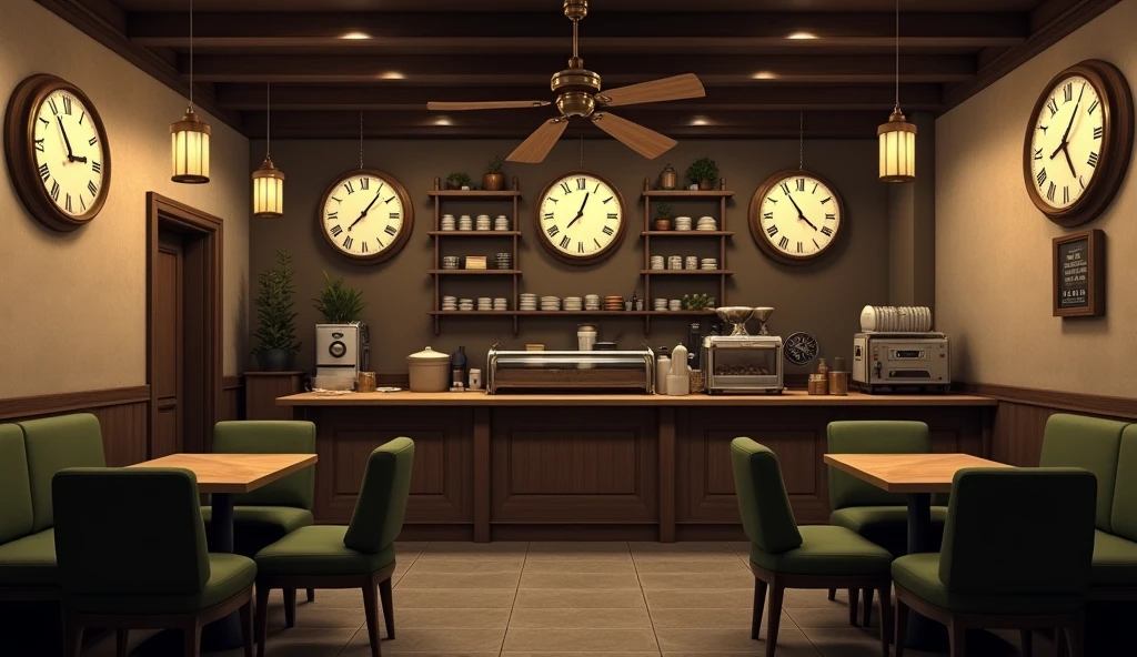 an underground Japanese coffee shop built in 1800, cafeteria with old structure from the seventeenth century, windowless cafe, with six domed lights hanging from the ceiling, coffee shop tinged with a sepia tone inside, almost no light, very dark, minimum light in the cafeteria, on one wall of the cafeteria there were three large, old wall clocks, each with a different schedule, the coffee shop has three seats at the counter, Behind the counter there is a space for employees to enter and shelves with ingredients and coffee machines, and three tables for two people with chairs with cabriolet legs and moss green upholstery, on the ceiling there is a ceiling fan with three wooden blades