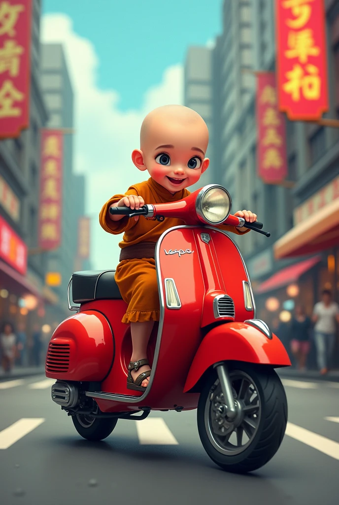 Cute Shaolin kid rides a lowerd vespa