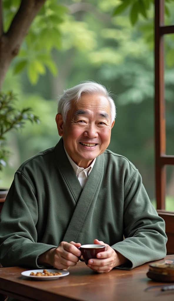 Chinese feng shui master, kind face, white hair, cheerful, drinking tea, The teacher sat looking straight ahead, behind him was a scene of cozy green trees