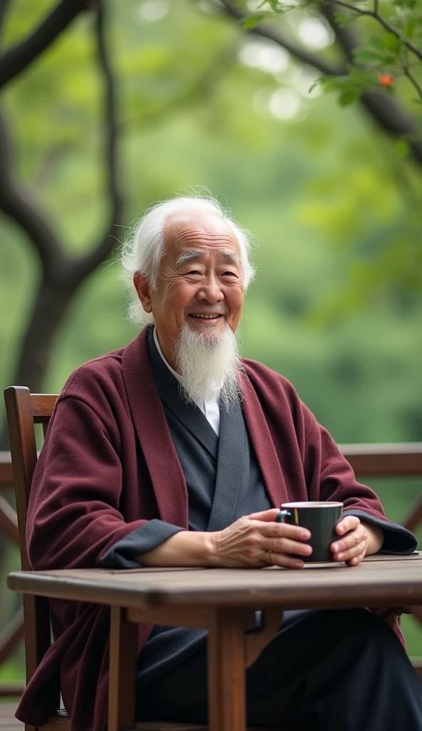 Chinese feng shui master, kind face, white hair, cheerful, drinking tea, The teacher sat looking straight ahead, behind him was a scene of cozy green trees