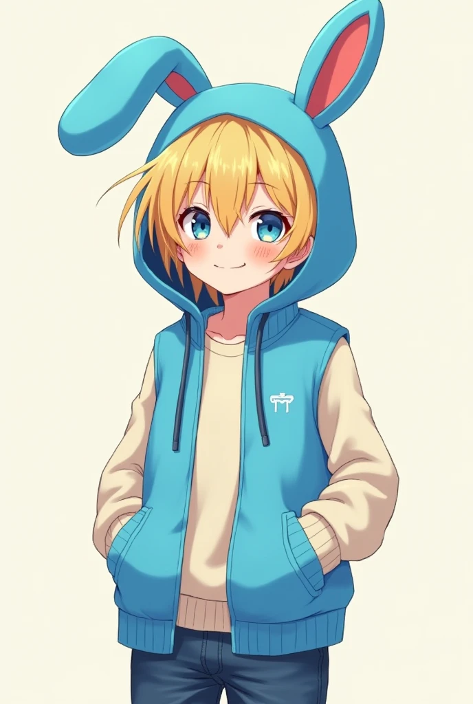 Create a medium sized anime male character who has fluffy blonde hair, has light skin, wears a sky blue bunny hat, has a blue fleece vest, and has denim pants.