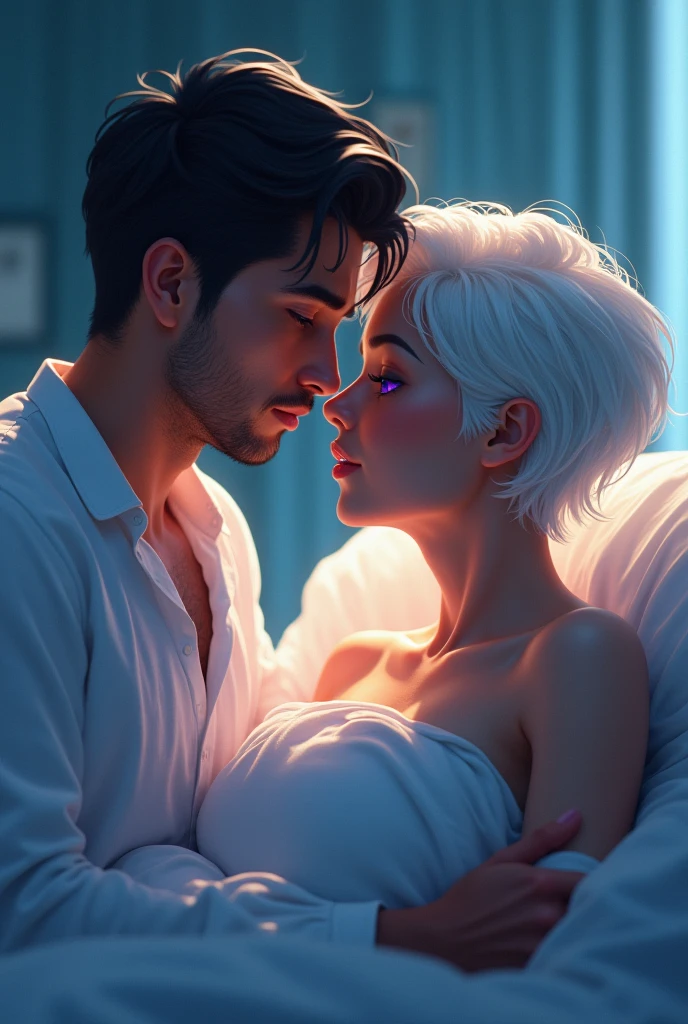 Couple in the delivery room, the woman has very short white hair, violet eyes and light brown skin., and the man is strong and handsome with dark hair