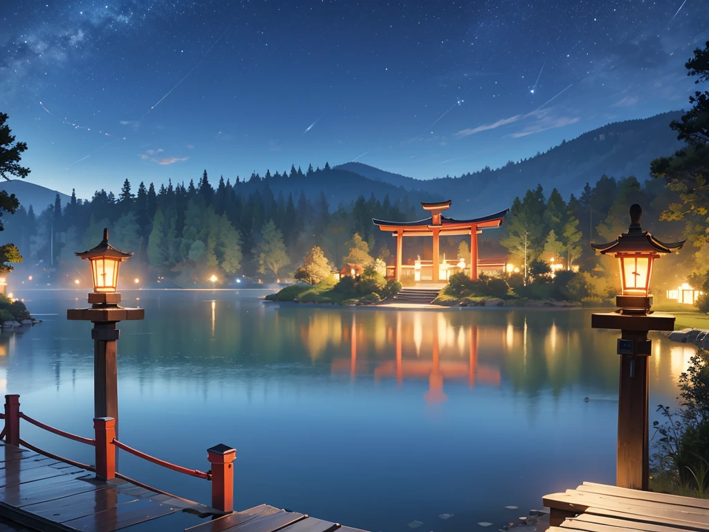 Lake at night、There is a single torii gate.、dark、Background illustration