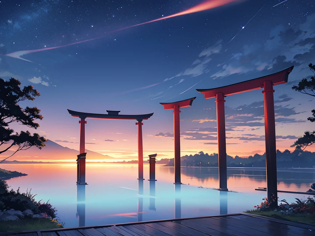 Lake at night、There is a single torii gate.、dark、Background illustration