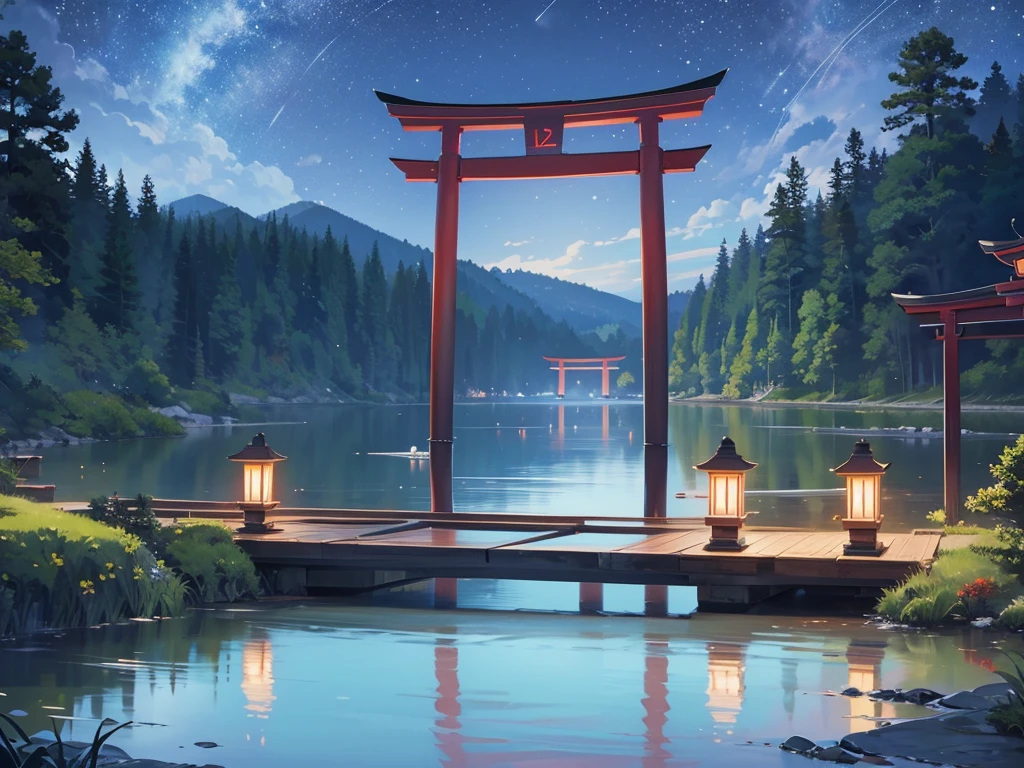 Lake at night、There is a single torii gate.、dark、Background illustration