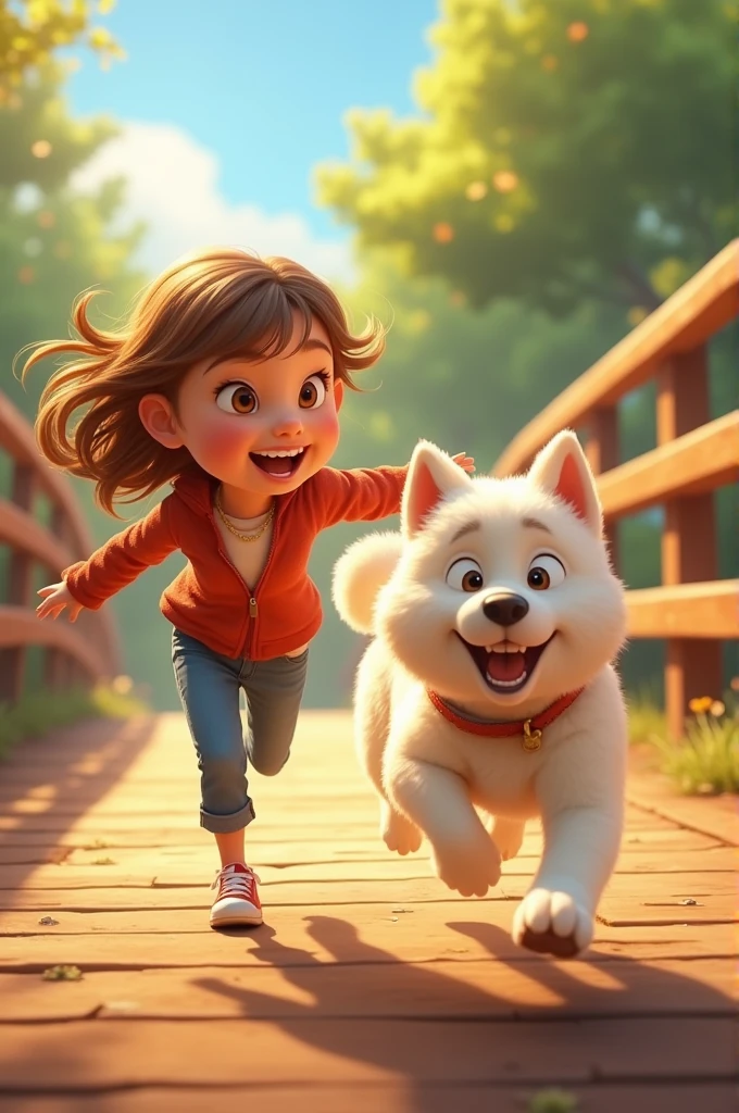 - Sami a cute  of light brown hairs chasing after Max is a dog of off white color as they dash across the wooden bridge, with Max in the lead, his fur gleaming in the sunlight, and Sami’s laughter filling the air, captured in a dynamic moment