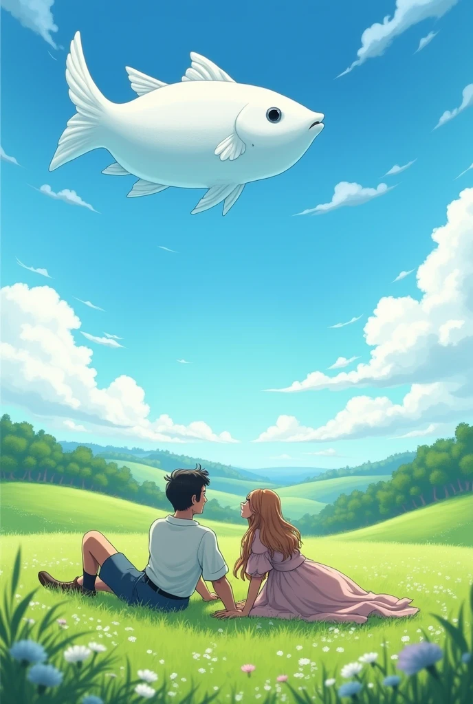 A couple lying in a meadow, holding hands, enjoying the clouds that form a fish pattern in the sky.