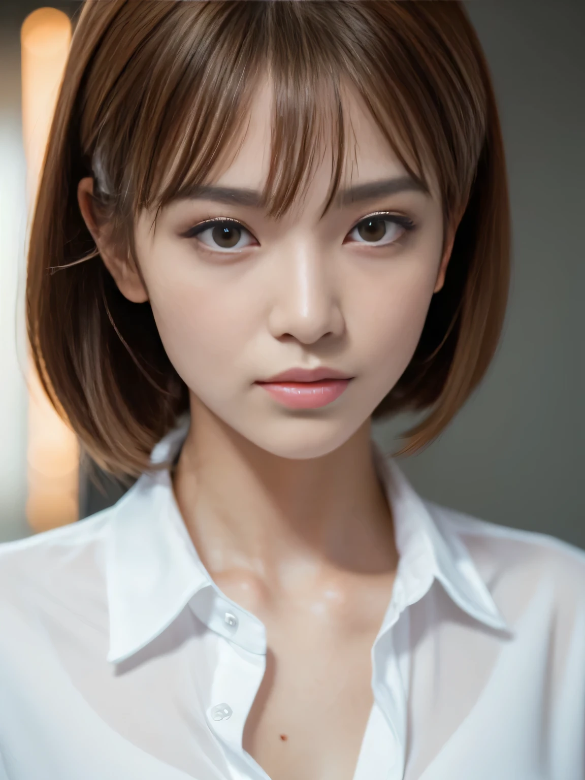 (Detailed skin), (Shiny skin), 8k, Highest quality, masterpiece, Ultra-high resolution, (Realistic:1.4), RAW Photos, (Soft saturation), Mixed-race Japanese women, Red hair, asymmetrical bangs, (Pretty face:1.4), (cinematic lighting:1.3), (Highly detailed face, Highly detailed lips, fine grain, double eyelid, Highly detailed and evenly balanced eyes), (Sharp focus:1.2), ((Full Body Shot)), (Perfect Anatomy:1.3), (Beautiful woman with perfect figure:1.2), (white shirt with collar), (Random poses:1.2),