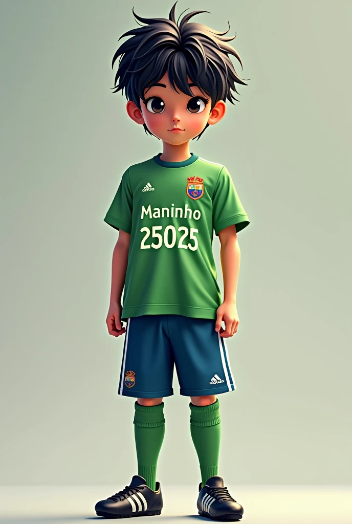 Create an image of a thirteen year old with black hair and small bangs. The is relatively high, wearing a green shirt with the name MANINHO and the number 25025 below the name MANINHO, blue pants, long green knee-high socks and Adidas F50 football boots. 