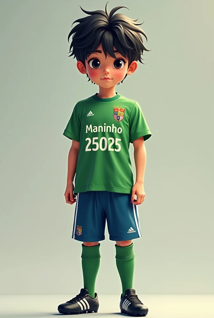 Create an image of a thirteen year old with black hair and small bangs. The is relatively high, wearing a green shirt with the name MANINHO and the number 25025 below the name MANINHO, blue pants, long green knee-high socks and Adidas F50 football boots.