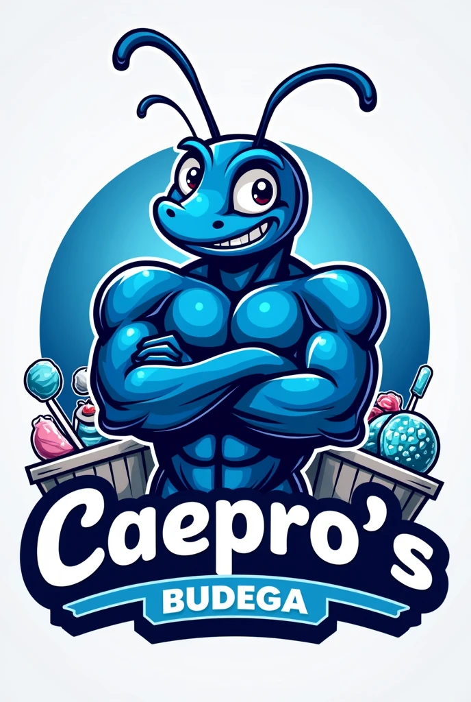 Create an eye-catching logo with predominantly blue tones, representing the 'CAEPRO's Budega', a themed shop at the Academic Center for Production Engineering. At the center of art, insert the text 'Budega do CAEPRO' in a High School USA Serif style font, evoking a classic collegiate aesthetic. next to or above the text, highlight the mascot: a blue ant with 4 arms, muscular and muscular humanoid body as if he were a bodybuilder, with arms crossed in a confident pose. The ant must have a friendly countenance, but determined, representing strength and acceptance. Around the mascot, include details that refer to a small shop, like sweets, lollipops, and snacks arranged on small shelves or baskets, creating a welcoming and fun environment. Make sure the elements of the store complement the predominant blue color of the logo., maintaining visual harmony.
