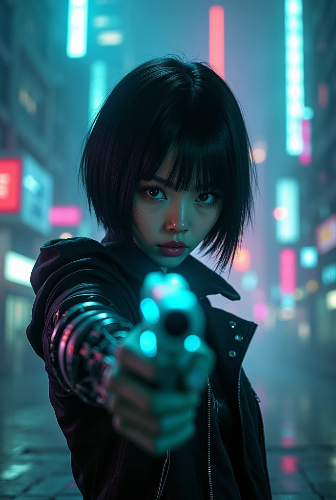 An asian woth big eyes black hair, robotic arms, face focused, with a rocketship background, blue and pink cyberpunkish colors, more anime like and presenting horror and dark environments, darker and more robotic background with 10 robot arms disconnected in the air at the background and horrifying, like an album cover. A foggy dark environment. Not so bright. Not so realistic. Neon blue neon pink neon green lights. Blue green eyes. 1×1 picture. Add a futuristic futuristic gun in her hand pointing the gun at me while having neutral expression. Add neon futuristic building plus the robot arms to the background. More realistic
