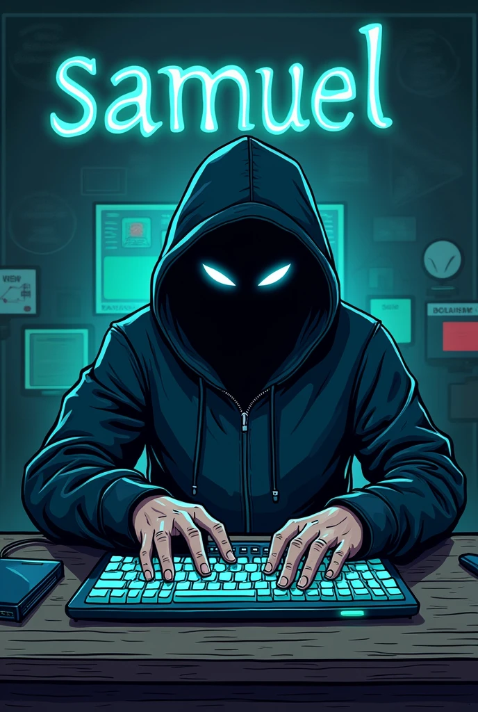 Hand drawn a  having fun hacking a computer with the usual hacker background face covered leds in the keyboard (blue) leds in the computer (green) forward shot  and a written with Samuel written in hacker cartoon style and forward framing 