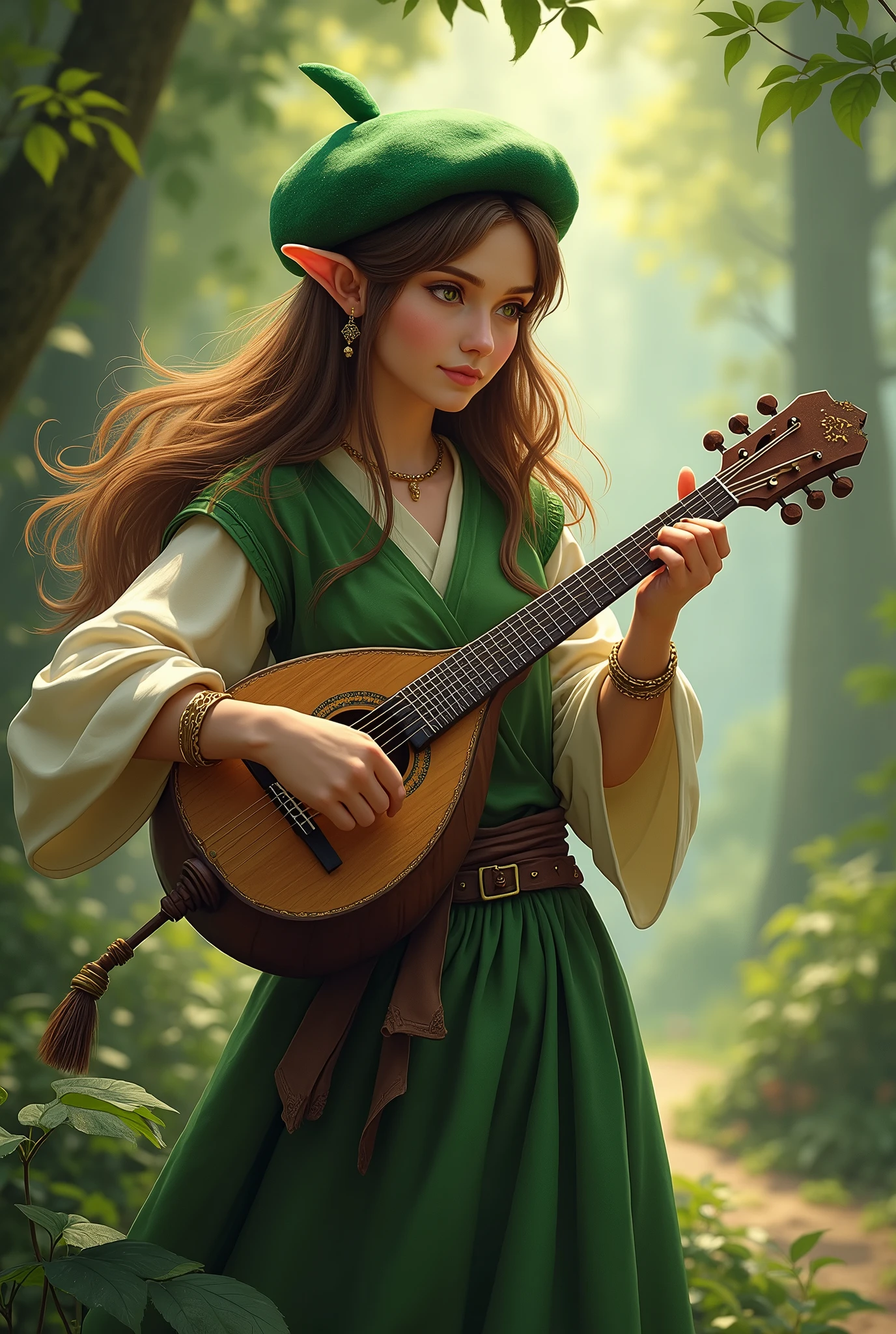 Bard, half-elf, lute, brown hair, silver eyes, green beret