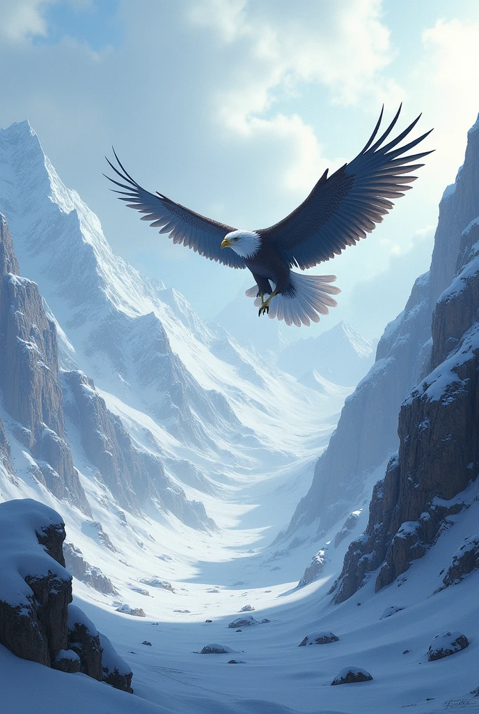 Snowy mountain terrain with eagle