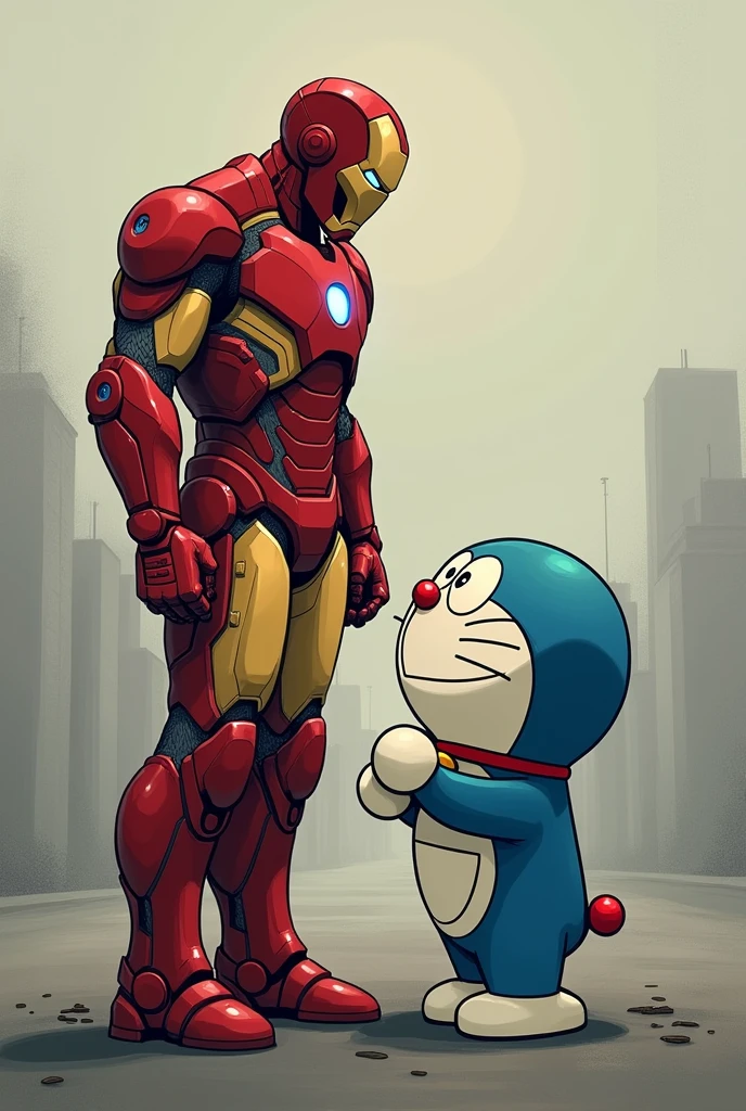 Iron Man and Doraemon in a sad moment in 2D