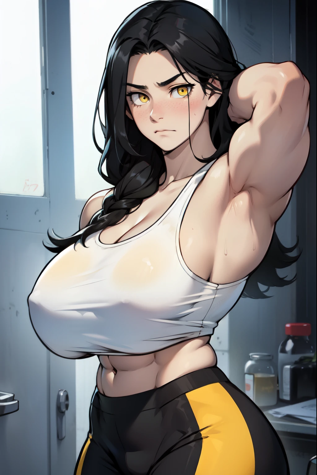 embarrassed sad long black hair yellow eyes pale skin muscular girl huge muscles large breasts looking away