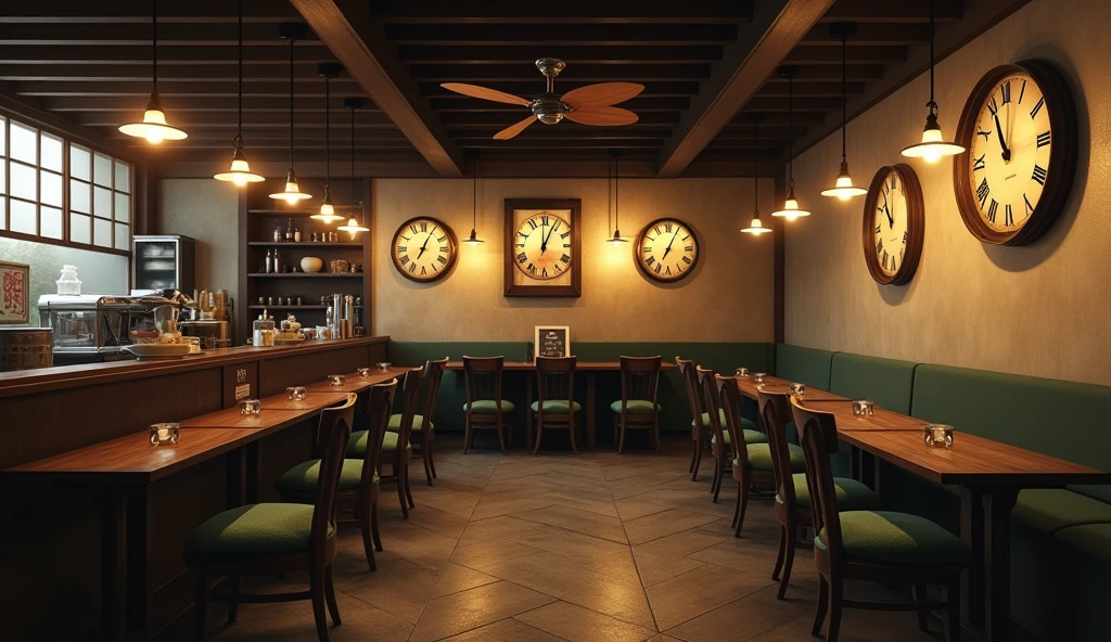 an underground Japanese coffee shop built in 1800, cafeteria with old structure from the seventeenth century, windowless cafe, with six domed lights hanging from the ceiling, coffee shop tinged with a sepia tone inside, almost no light, very dark, minimum light in the cafeteria, on one wall of the cafeteria there were three large, old wall clocks, each with a different schedule, the coffee shop has three seats at the counter, Behind the counter there is a space for employees to enter and shelves with ingredients and coffee machines, and three tables for two people with chairs with cabriolet legs and moss green upholstery, on the ceiling there is a ceiling fan with three wooden blades