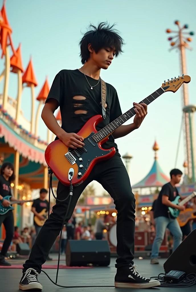 Handsome asian teenager 1, lead vocal and also playing guitar with his band on the stage. The background at daylight of carnaval playground. he is wearing T-shirt ripped black jeans pants and sneaker shoes, black messy hair, full body sight, 4k detailed photography. completing the captivating image of a talented musician lost in the moment. extremely detailed