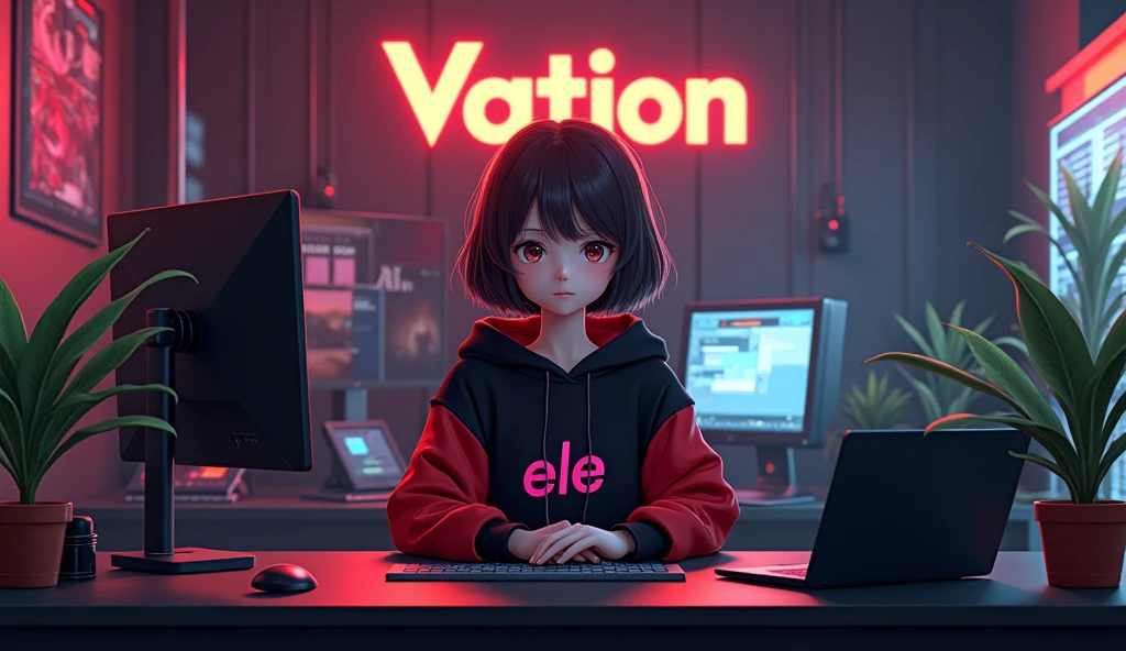 Create a image of "A 18 years anime girl sitting in front of a computer desk with a microphone and laptop, futuritic, wearing black and red hoodie with the Channel Name on it "ELE". The background includes a large logo on the wall with name "VATION", potted plants on either side, and various recording equipment."