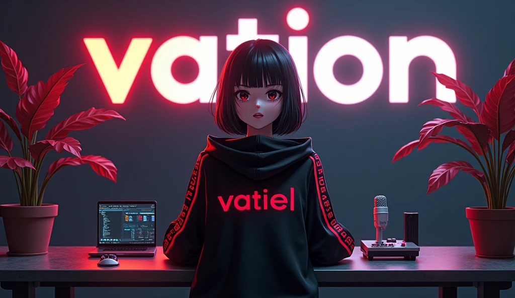 Create a image of "A 18 years anime girl sitting in front of a computer desk with a microphone and laptop, futuritic, wearing black and red hoodie with the Channel Name on it "ELE". The background includes a large logo on the wall with name "VATION", potted plants on either side, and various recording equipment."