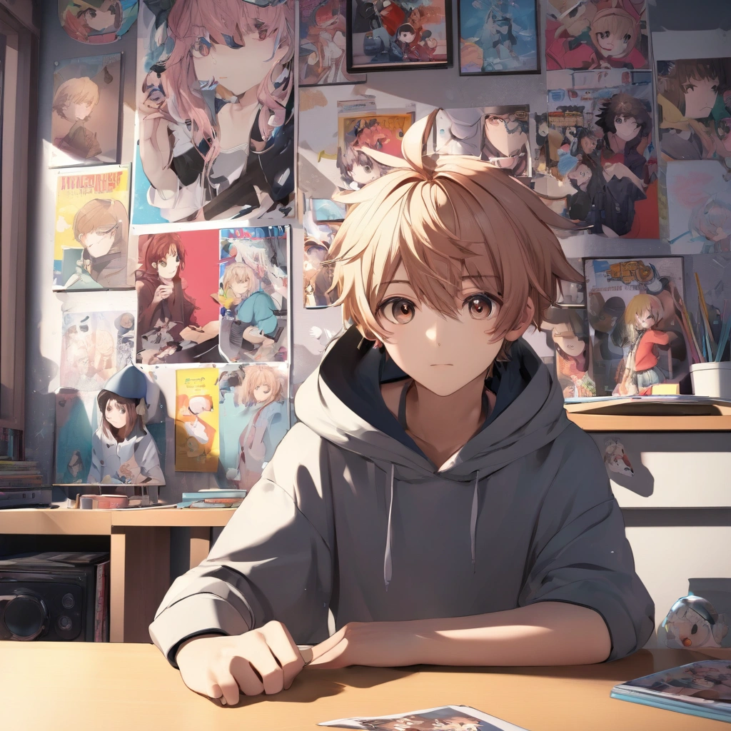 mysterious teenager wearing a cute hoodie and mask with 3d anime style, sitting behind the desk, close up facing the camera like a youtuber with a messy boy's room in the background with anime posters on the wall