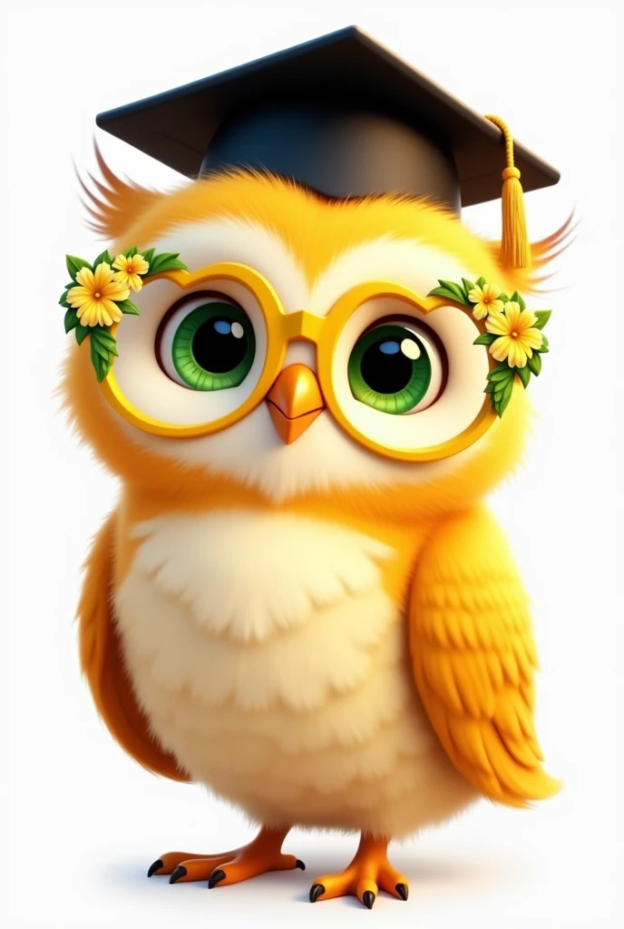 Disney Pixar style yellow owl, golden glasses with delicate yellow flowers and green leaves with heart-shaped frames, green eyes loving and happy, Grinning, with smooth feathers, fundo png, with graduation style teacher hat in black color