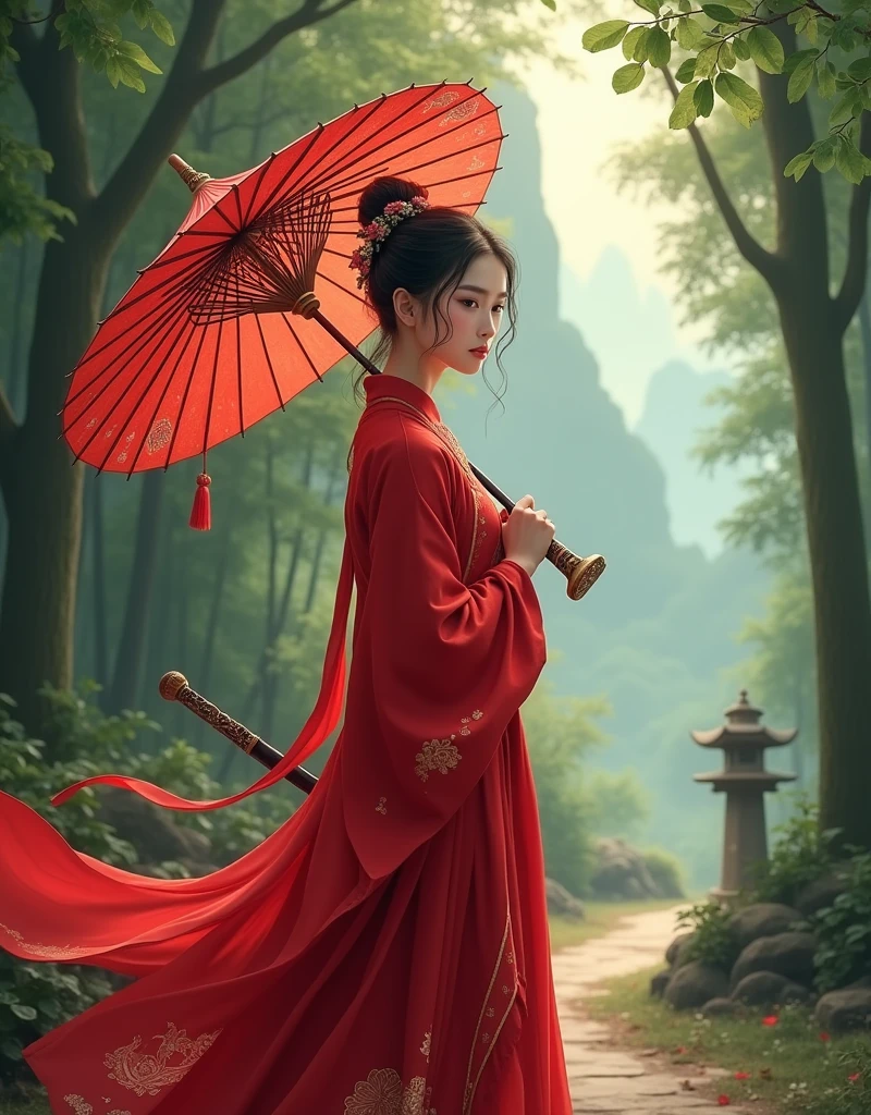 High resolution digital illustration，Depicts a young woman in her late teens or early twenties.，Standing in the dense ancient forest。She holds a traditional oil-paper umbrella in one hand，The umbrella is decorated with delicate plum blossom patterns，Symbolizing the fusion of elegance and experience。In her other hand she holds a slender sword，The hilt is engraved with a gorgeous dragon，Representing her established status as a warrior。

Her outfit is inspired by Chinese TV series《Lotus Tower》The red costume worn by Li Lianhua in the middle。She wore a flowing crimson gown，It has delicate gold embroidery on it，Reflects traditional Chinese aesthetics。This outfit includes layering、loose clothing，Move gracefully with her every step，Capturing elegance and power。A long flowing red belt，Plus the deep folds of the robe，Adds a sense of movement and depth to her appearance。Her hair was styled into a classic updo，Complete with jade hairpins and delicate tassels，A few loose strands of hair set off her young and mature face。Her facial features have the innocence of youth，There are also subtle patterns of two or three years of experience in the world of Jianghu.。

Ponder for a moment，She looked back，The expression on his face is a mixture of desire and determination。Her large, almond-shaped eyes convey deep emotion，hinting at the challenges she has faced and the wisdom she has begun to gain.。Lush green forest in the background，Towering old trees，branches form a natural canopy，filter soft sunlight，Casts dappled shadows on the forest floor。

subtle Chinese elements are sprinkled throughout the scene：Stone lamp partially covered with moss、A winding path lined with bamboo groves、And the mist-shrouded mountains in the distance，Adds a mysterious atmosphere。The image captures the essence of a young woman entering the complex world of politics，Blending traditional Chinese aesthetics with iconic red costumes inspired by Li Lianhua，And decorate the umbrella with a simple and elegant plum blossom pattern，Symbolizing her emerging strength and seasoned beauty。
