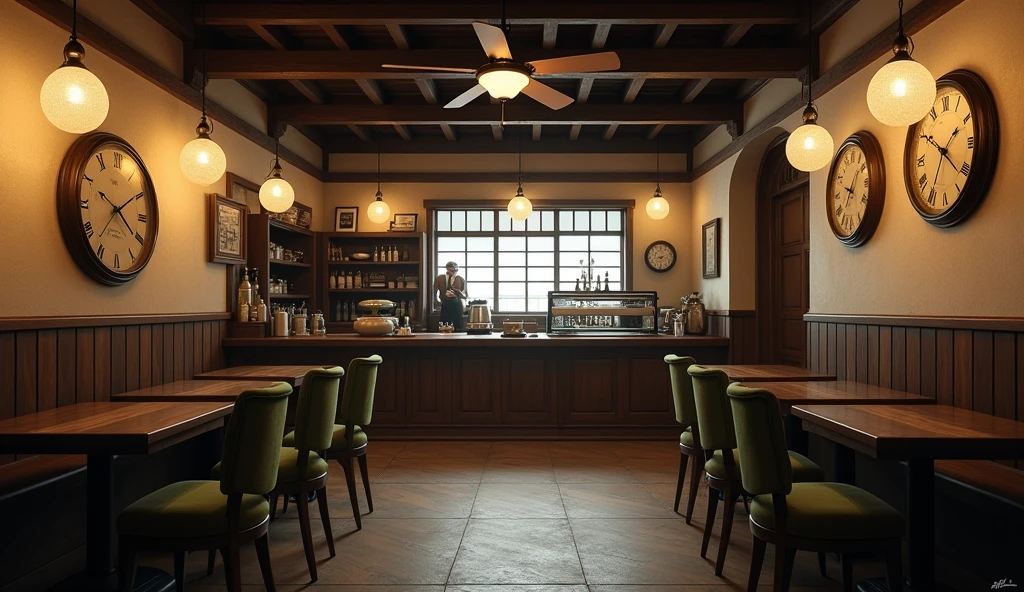 an underground Japanese coffee shop built in 1800, cafeteria with old structure from the seventeenth century, windowless cafe, with six domed lights hanging from the ceiling, coffee shop tinged with a sepia tone inside, almost no light, very dark, minimum light in the cafeteria, on one wall of the cafeteria there were three large, old wall clocks, each with a different schedule, the coffee shop has three seats at the counter, Behind the counter there is a space for employees to enter and shelves with ingredients and coffee machines, and three tables for two people with chairs with cabriolet legs and moss green upholstery, on the ceiling there is a ceiling fan with three wooden blades