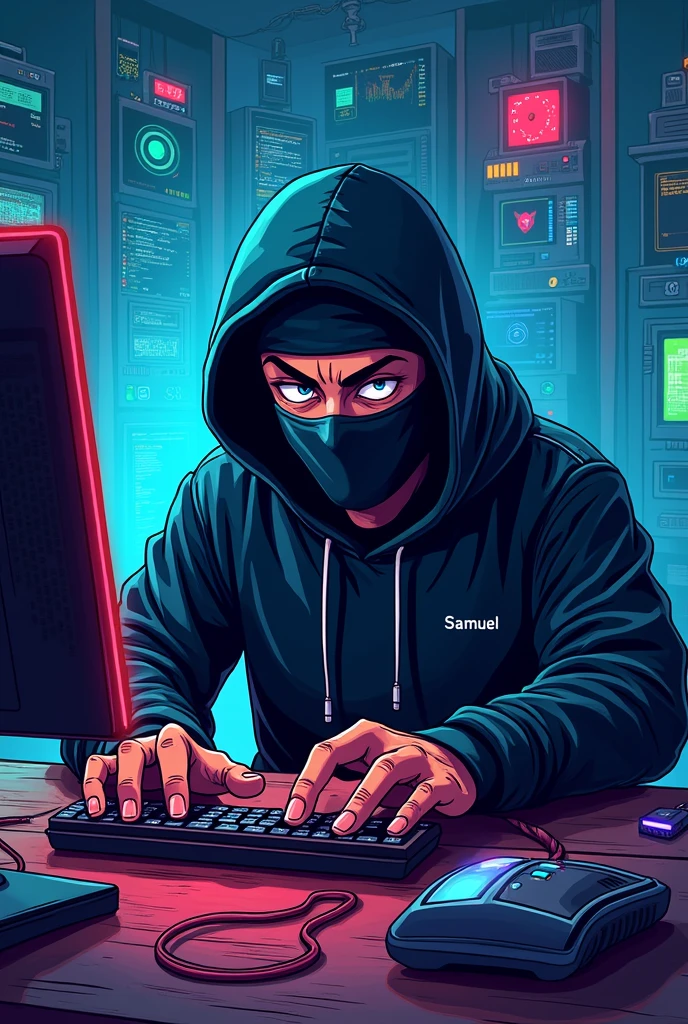 Hand drawn a having fun hacking a computer with the usual hacker background face covered leds in the keyboard (blue) leds in the computer (green) forward shot and a written with Samuel written in hacker cartoon style and forward framing the hacker must be a bit ninja cartoon style