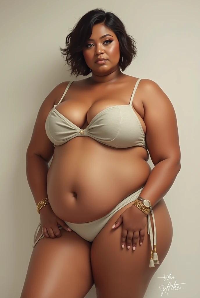 Chubby but defined woman, half naked, with short hair and clothes that are not even transparent