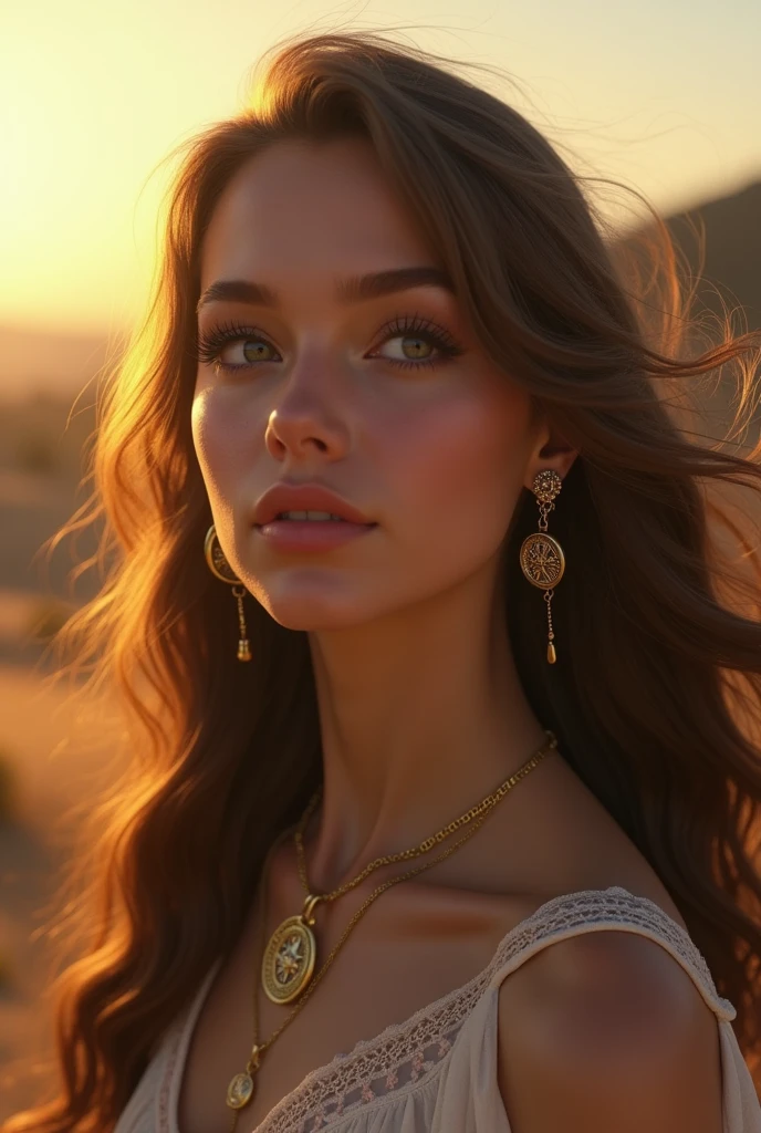 A close-up portrait of a woman embodying the Sagittarius zodiac sign. She has long, flowing hair that catches the golden light of the setting sun. Her eyes are bright and full of wonder, reflecting the expansive skies and far-off horizons. She is adorned with subtle jewelry that hints at travel and exploration, like a delicate compass pendant. The background is a vast, open landscape with rolling hills and a warm, inviting glow, symbolizing endless possibilities."