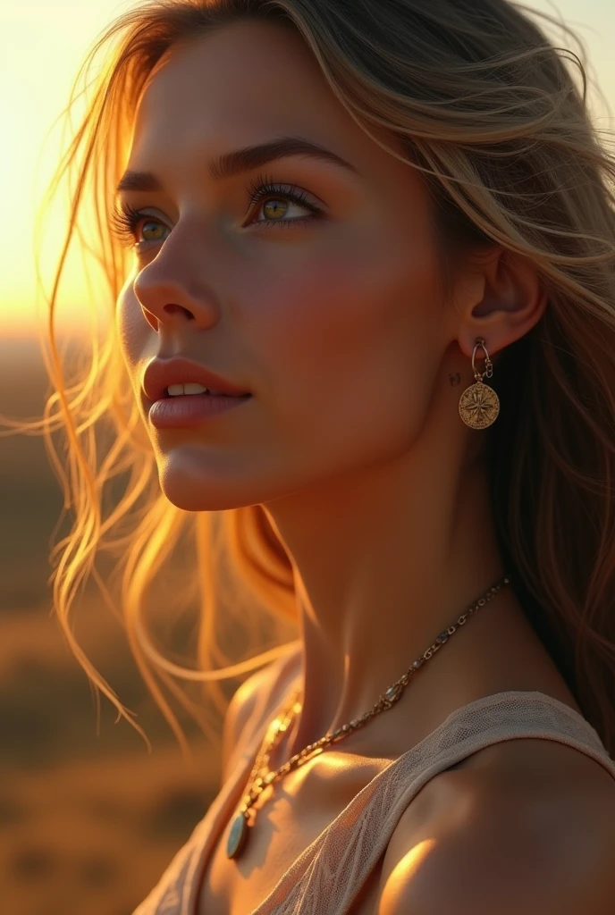 A close-up portrait of a woman embodying the Sagittarius zodiac sign. She has long, flowing hair that catches the golden light of the setting sun. Her eyes are bright and full of wonder, reflecting the expansive skies and far-off horizons. She is adorned with subtle jewelry that hints at travel and exploration, like a delicate compass pendant. The background is a vast, open landscape with rolling hills and a warm, inviting glow, symbolizing endless possibilities."