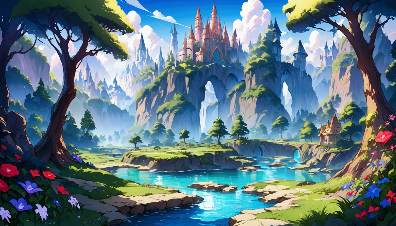 masterpiece, best quality, number, illustration, Anime style background, landscape, a castle in the middle of a forest, fantasy art, fantasy scenic, fantasy art landscape, fantasy castle, fantasy art style, fantasy landscape, impressive fantasy landscape, magical landscape, river