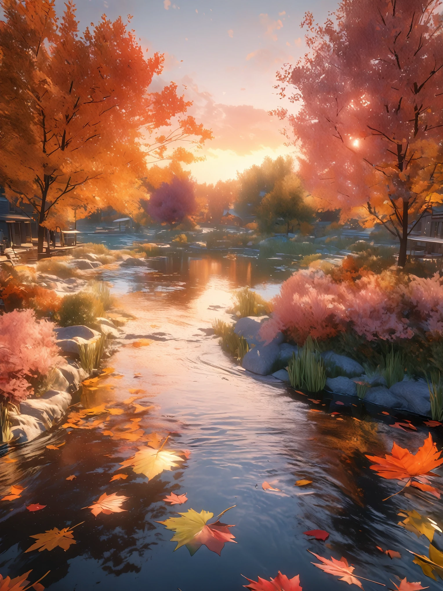 DIY16,best quality, Ultra HD, masterpieces, 8K, Practical, Anime style, 3D Rendering,(Pond in the evening:1.2), (8K, best quality, masterpiece:1.2), (Ultra-high resolution:1.0), Extremely bright design, Soft colors, (ink:1.3), Autumn Lights, High Detail, dramatic, photoPractical painting art