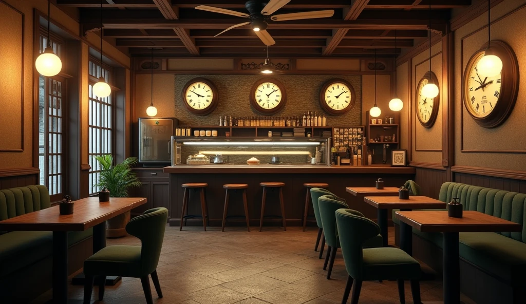 an underground Japanese coffee shop built in 1800, cafeteria with old structure from the seventeenth century, windowless cafe, with six domed lights hanging from the ceiling, coffee shop tinged with a sepia tone inside, almost no light, very dark, minimum light in the cafeteria, on one wall of the cafeteria there were three large, old wall clocks, each with a different schedule, the coffee shop has three seats at the counter, Behind the counter there is a space for employees to enter and shelves with ingredients and coffee machines, and three tables for two people with chairs with cabriolet legs and moss green upholstery, on the ceiling there is a ceiling fan with three wooden blades