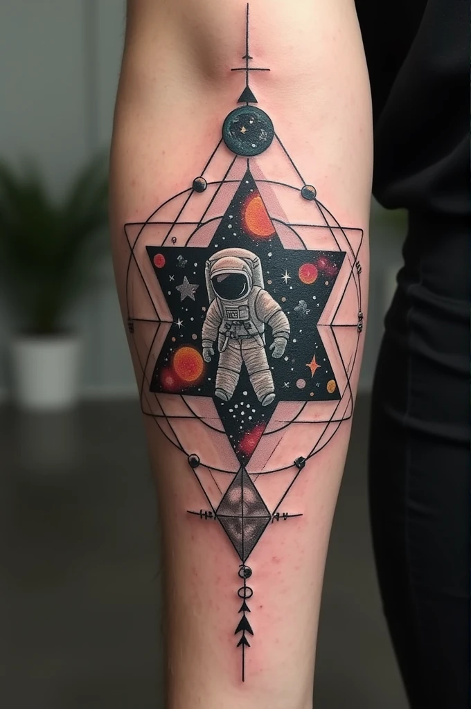 Tattoo with symbols of the universe and mathematics. Add a little astronaut