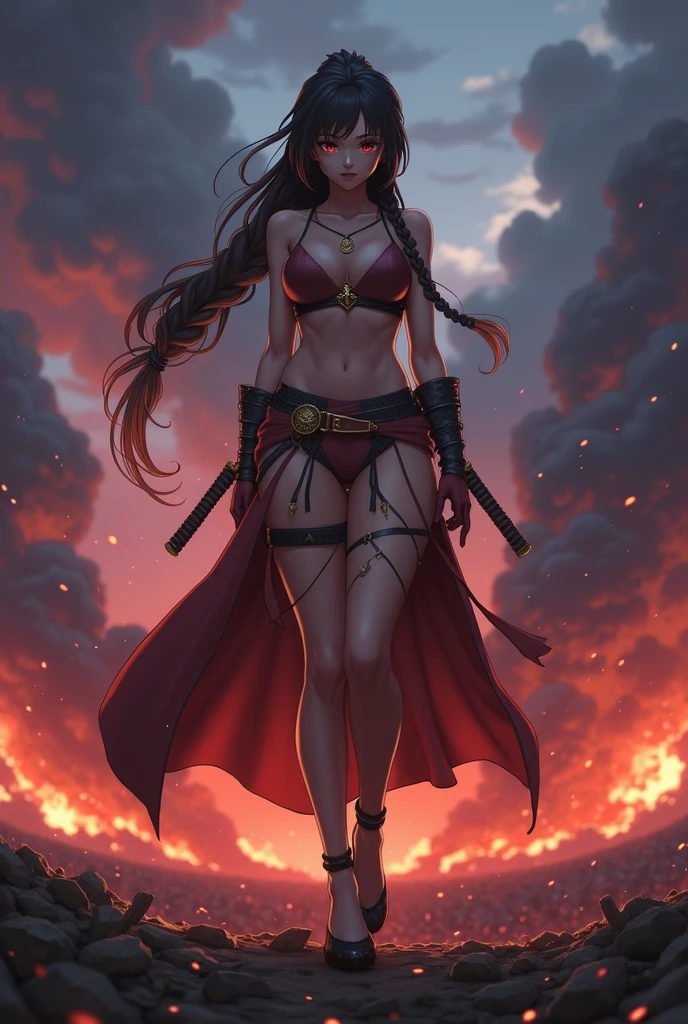 Nezuko Kamado, full body, grown-up, very hot, very sexy, naked, her hair tied in a long braid, standing on a battlefield with cloudy skies and fire in the background, the atmosphere is intense and epic, Illustration, digital art with dramatic shadows