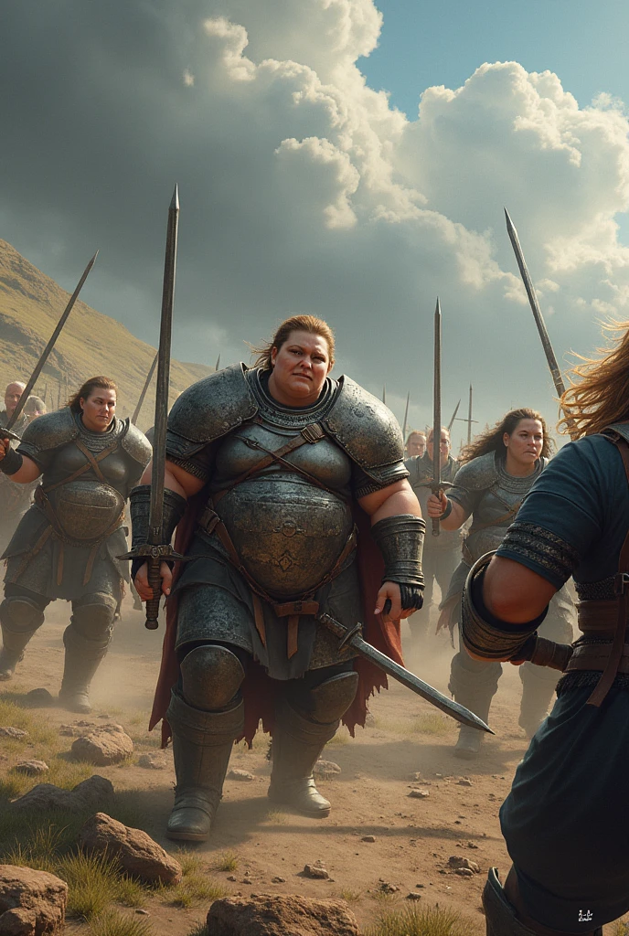 Many fat women on a battlefield