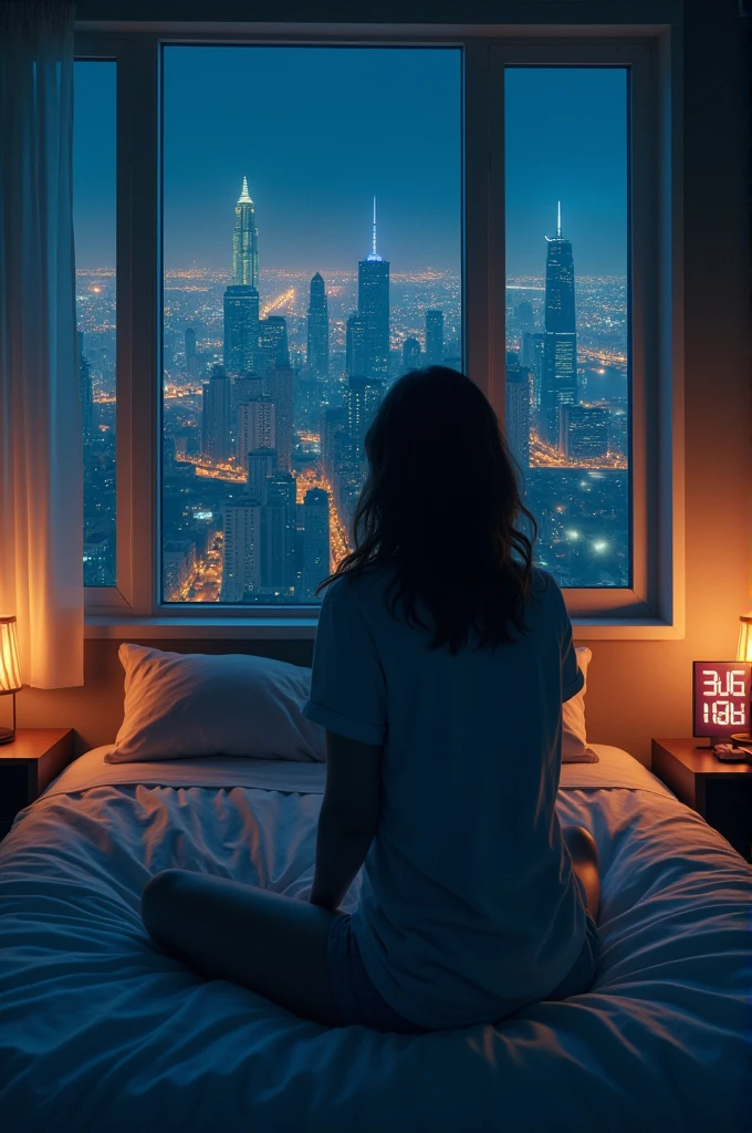 Woman sitting on bed coughing with a window and a lit city behind a digital clock showing 3:03 with a lamp on 