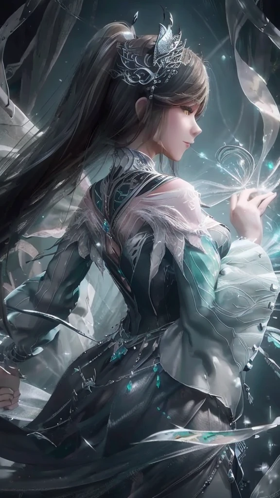 best quality,masterpiece,Ultra-high resolution,photoactual:4:0,black unicorn beast(Dragon head and tiger body),shiny scales(1:0),an oriental woman,Black single ponytail long hair shawl,Big breasts,Black dragon scale head style,Wear a black unicorn skirt,