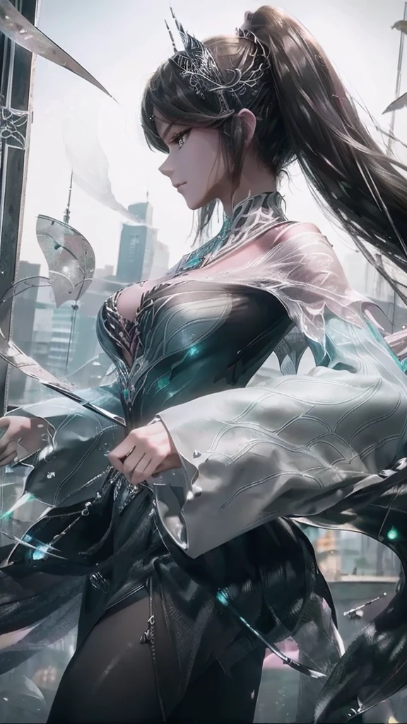 best quality,masterpiece,Ultra-high resolution,photoactual:4:0,black unicorn beast(Dragon head and tiger body),shiny scales(1:0),an oriental woman,Black single ponytail long hair shawl,Big breasts,Black dragon scale head style,Wear a black unicorn skirt,
