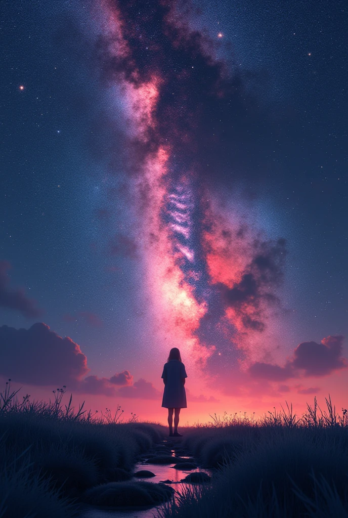 Generate an 8K image featuring a solitary figure standing on a grassy field under a dramatic, cosmic night sky. The sky is dominated by a vivid, fiery streak of the Milky Way in shades of pink, red, and purple, cutting through the dark blue of the night. The figure is silhouetted against the horizon, facing the vibrant display in the sky, with a few distant stars visible. The landscape around the figure includes soft, grassy terrain with subtle flowers and a reflection of the cosmic phenomenon in small puddles of water. The overall atmosphere should be intense and otherworldly, capturing the awe of the moment.