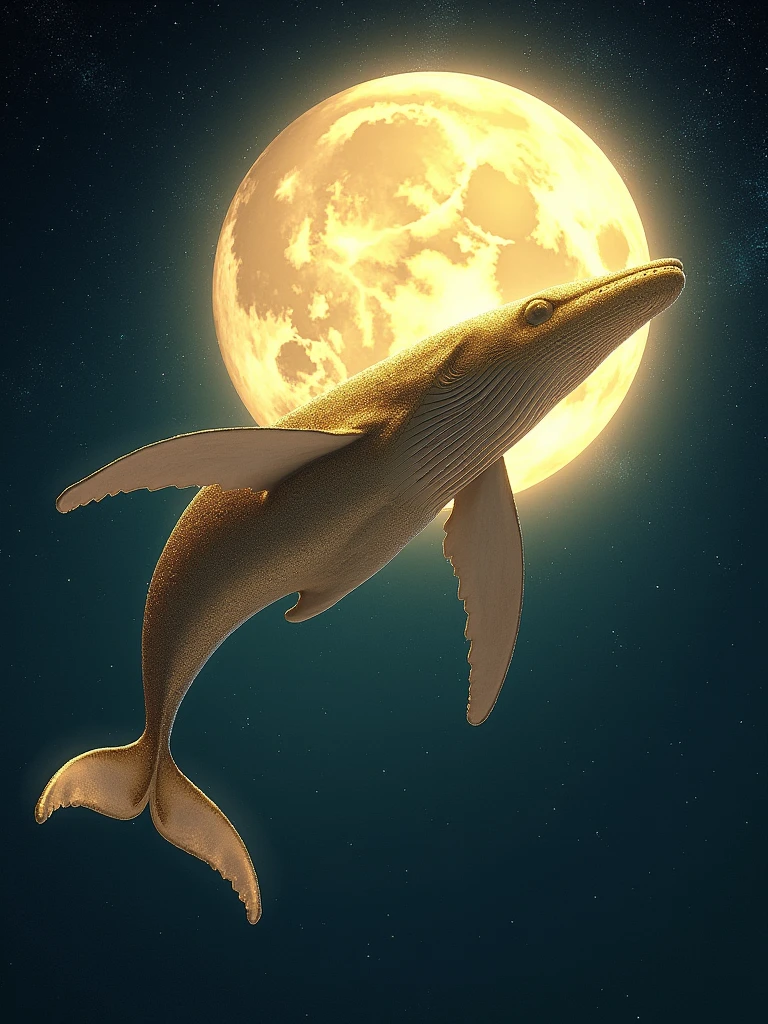 a golden whale with large fins flying around the moon