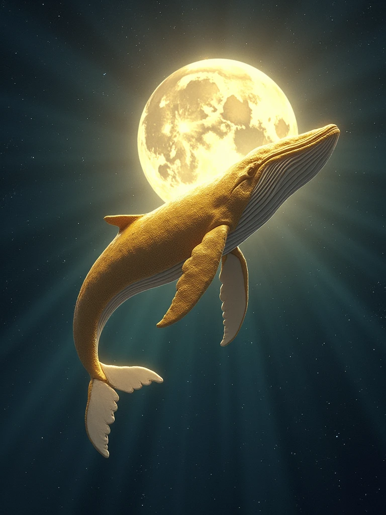 a golden whale with large fins flying around the moon