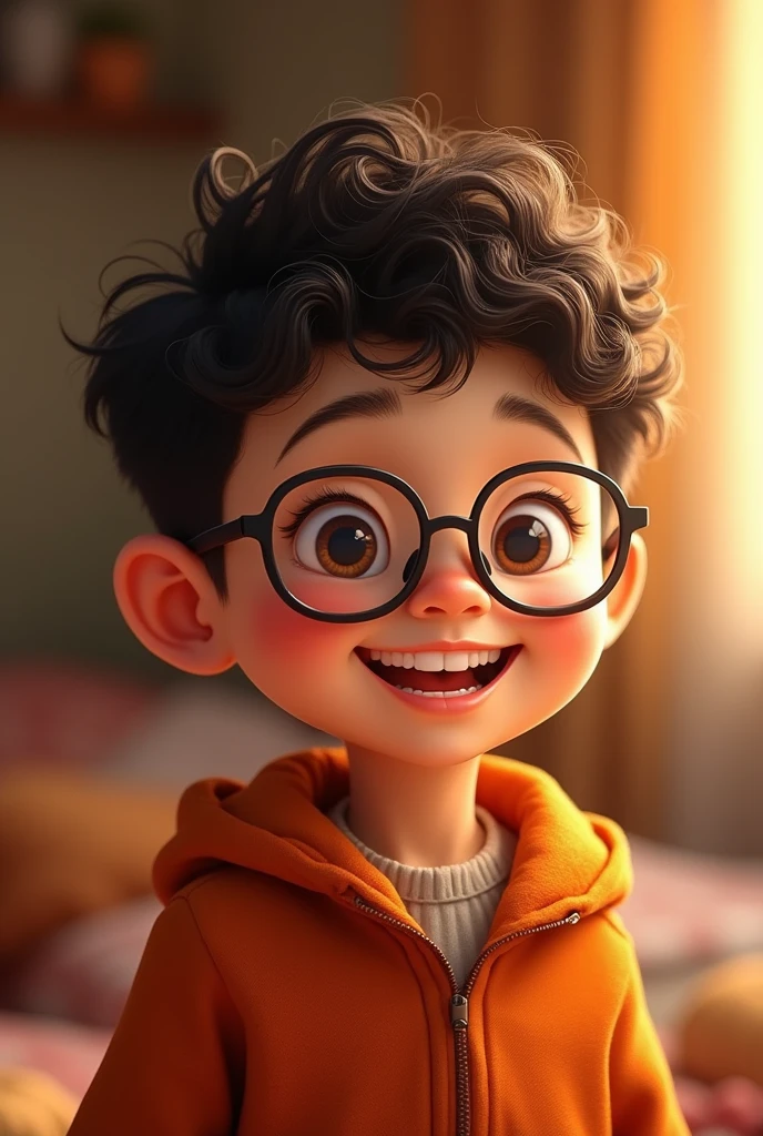 I want a skinny mixed-race boy with small Chinese eyes who wears glasses, a small nose and a big smile where you can see his teeth., small ears must have curly hair and be dressed in a warmer