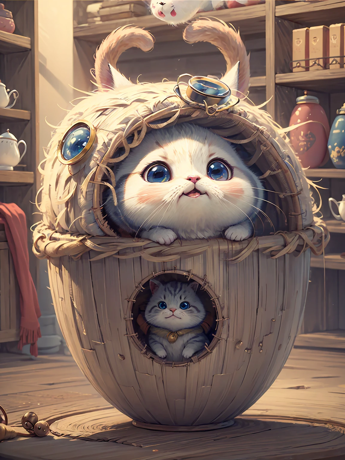 (Highest quality,masterpiece),Cute cat with round eyes、It is peeking out from inside the teacup.、