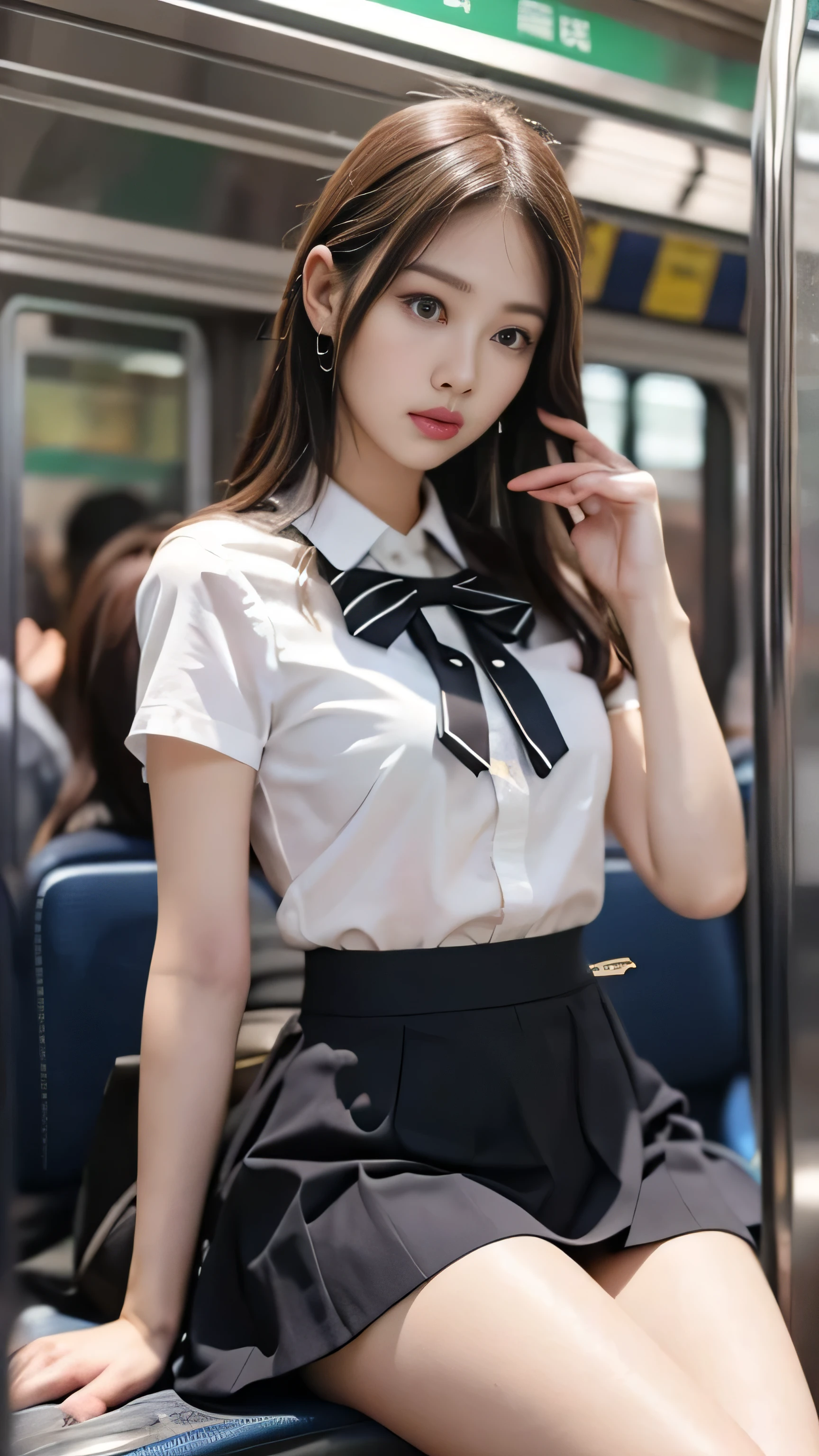 ((Sitting and dozing off on a crowded train、Cute Schoolgirl)).((Bow tie and white open-leg shirt（Black tight skirt）wear： 1.5.)) 40k, photograph, masutepiece, Highest quality, , ((1. Gorgeous light hair with beautiful eyes. White skin、Many poses、mix4, (Best illustration:1.1), (Best Shadow:1. 1）、(K-Pop Idols)、(Pink Cheek)、(Wide eyes:1. 2)、(Slim legs)、Erotic、nffsw、High Detail Ambient Occlusion、Natural and harmonious composition、Fine art photography、Exposed crotch、Exposed underbelly、Highest quality、Mast Piece、Ultra high definition、(Photorealistic:1. 4), 生photograph, (Perfect figure), (slim:1.3), Slim abdomen, Perfect slim figure, 独奏, Deep Shadow, Inconspicuous, Cold light 12000K, The texture of the face and skin is very fine, Fine grain, Realistic eyes, Fine beautiful eyes, (Realistic Skin), Charm, Ultra-high resolution, ultra-realistic, Very fine,.Slim lower body、(Lift-up skirt),(Panties are visible)、