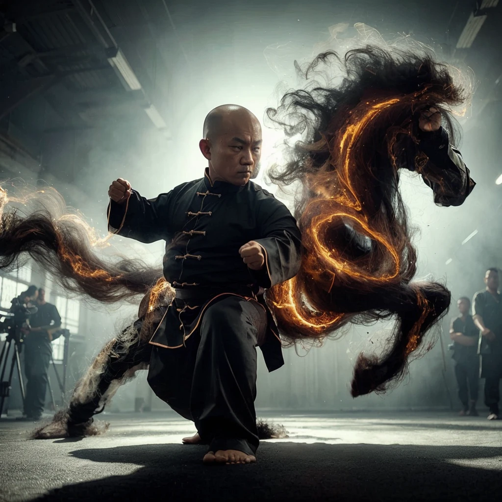 a wing chun master from indonesia, slightly fat body, slightly bald head, wearing a black shaolin suit, demonstrating a martial arts stance ready to attack, add a cinematic effect of an energy smoke rotating around his body, extreme cinematography, detailed light bias elements, best image quality, uhd, hdr.